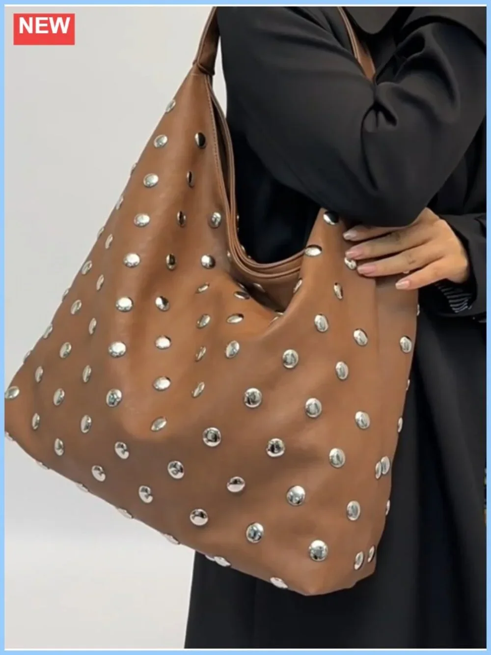 Vegan Leather Studded Hobo Tote Bag Hand-Embellished Slouchy Purse